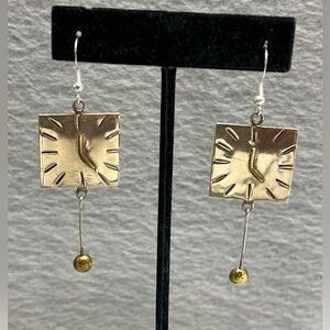 Vintage Alpaca Mexico Clock Earrings Sterling Silver Hook Articulated Pendulum